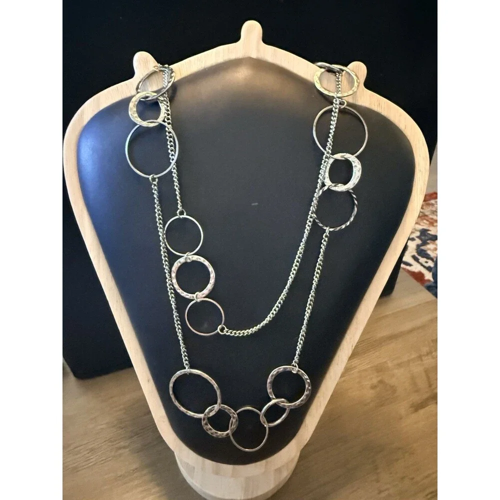 Silver Tone Necklace Circular Link 2 Layer Chain 40